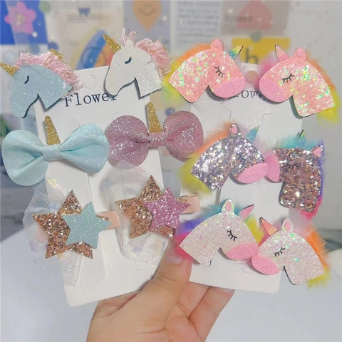 Unicorn Star Bow Hair Clips Sequin Faux Leather Mesh Colorful Barrettes For Kids Girls Hair Accessories