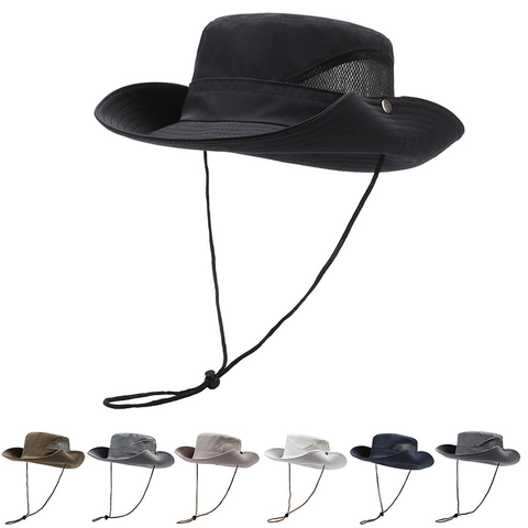 Outdoor Sun Hat Wide Brim Polyester Quick Dry Breathable Mesh Fishing Hiking Bucket Hat With Adjustable Windproof String