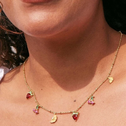 Collana Con Pendente Frutta Colorata Rame Placcato Oro Zircone Ciliegia Fragola Gioielli Da Donna