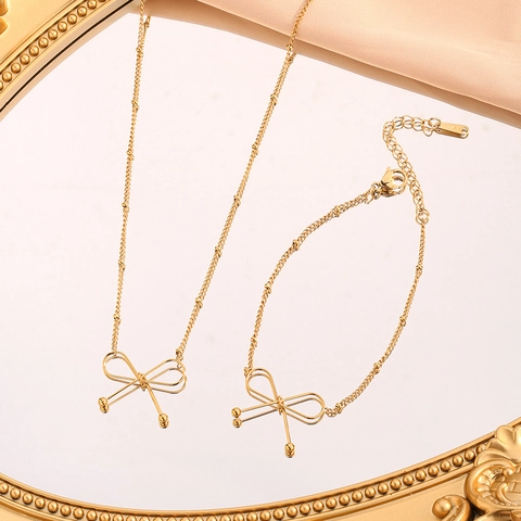 Minimalist Bow Pendant Necklace Gold Plated Stainless Steel Dainty Bead Chain Jewelry For Women Elegant Gift