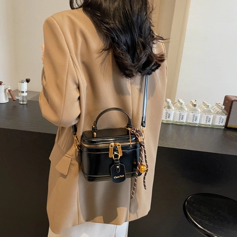 Vintage Box Bag Women PU Leather Vanity Case Gold Hardware Dual Zipper Top Handle Crossbody Shoulder Handbag Pendant