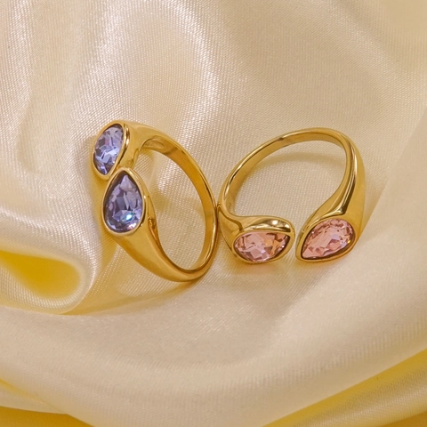 Bague Ouverte Ajustable Toi Et Moi En Acier Inoxydable Double Zircone En Forme De Poire Bijoux Pour Femmes