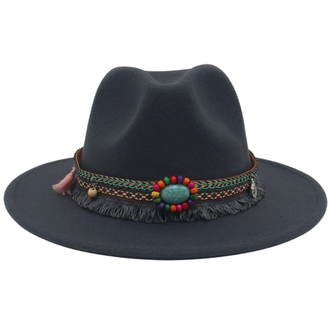 Bohemian Wide Brim Fedora Hat Ethnic Wool Felt Western Cowboy Hat With Turquoise And Tassel Decoration For Men Women