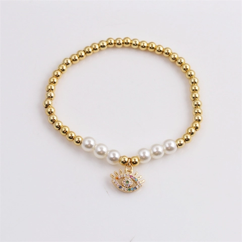 Evil Eye Künstliche Perlenarmband Kupfer Vergoldet Zirkonia Imitation Künstliche Perle Böhmischer Schmuck Für Damen