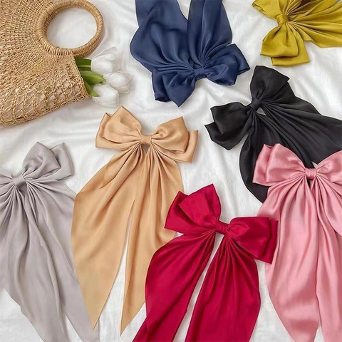 Große Satin Schleife Haarklammer Französisch Vintage Elegant Einfarbig Überdimensionale Haarnadel Lange Bänder Damen Mädchen