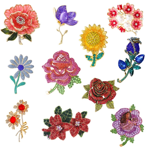 Elegant Flower Brooch Pin For Women Alloy Enamel Rose Floral Clothing Accessories Rhinestone Artificial Pearl Decorative Jewelry Gift