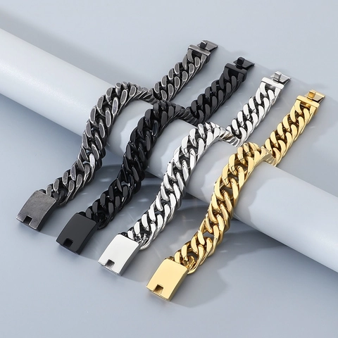 Bracciale Catena Cubana Acciaio Al Titanio Liscio Chiusura Rettangolare Pesante Punk Hip Hop Gioielli Moda Per Uomo