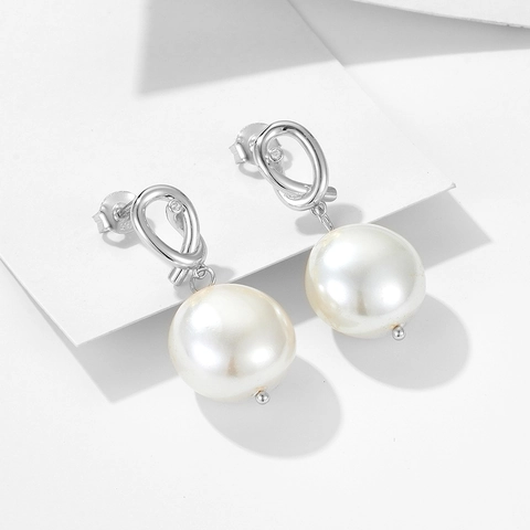 Pendientes Colgantes de Plata de Ley 925 y Perla Artificial para Mujer Vintage Botón Concha Geométrico Nudo Diamantes Imitación Joyas