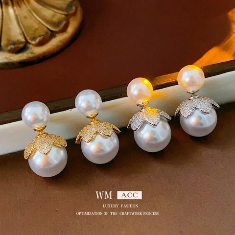 Elegant Double Sided Artificial Pearl Stud Earrings With Silver Earring Post Zircon Flower Copper Plated Vintage Jewelry For Women