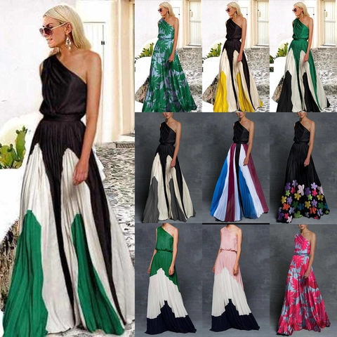 Women One Shoulder Pleated Color Block Maxi Dress Sleeveless Elegant Patchwork Floral Print Polyester Slim Fit Summer