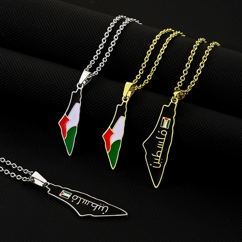 Palestine Map Pendant Necklace Stainless Steel Enamel Flag Colors Arabic Calligraphy Retro Geometric Ethnic Jewelry