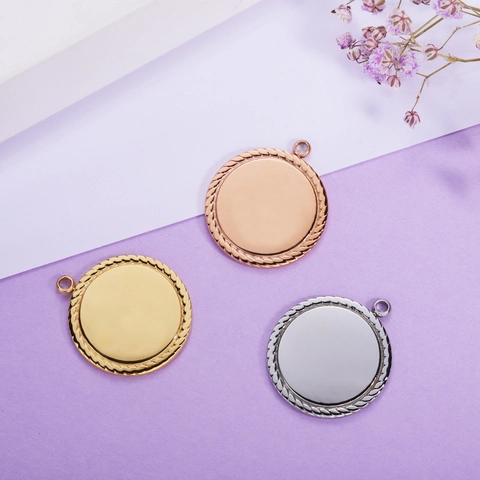 Round Mirror Polished Pendants Stainless Steel Rope Textured Border Blank Charms For DIY Jewelry Making Necklaces Accessories