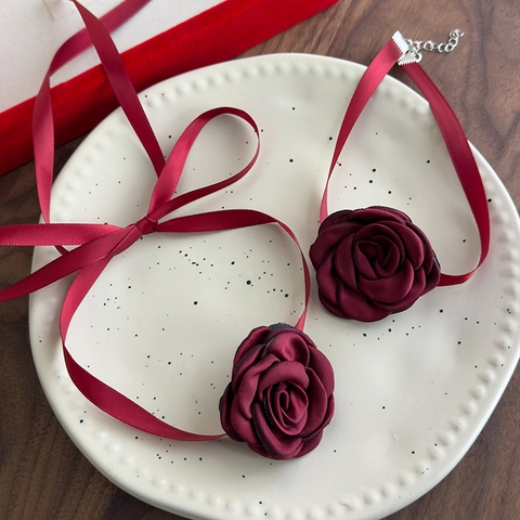 Gargantilla Flor Rosa Tela Rojo Vino Cinta Satén Collar Elegante Francés Vintage Joyería Mujeres