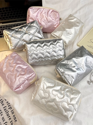 Bolsa De Cosméticos Acolchada Corazón Lazo Cuero PU Gran Capacidad Neceser De Viaje Organizador De Aseo Para Mujeres
