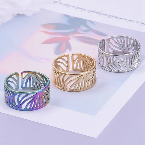 304 Stainless Steel Hollow Leaf Adjustable Open Ring Minimalist Geometric Line Finger Ring For Men Women Fashion Jewelry