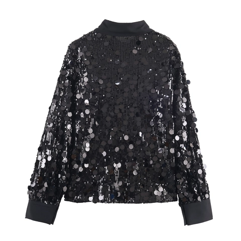 Sequin Blouse Women Long Sleeve Shirt Sparkly Turn Down Collar Button Up Party Evening Top Solid Color Black