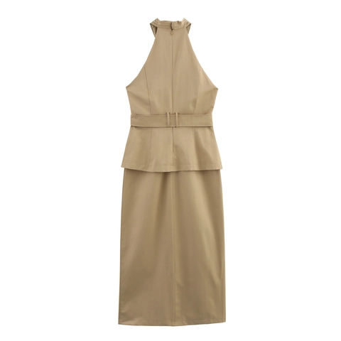 Halfterhals Midi Kleid Polyester Falsches Lagendesign Peplum Überkreuzte Brust Gürtel Elegant Hohe Taille Schlitz Damen