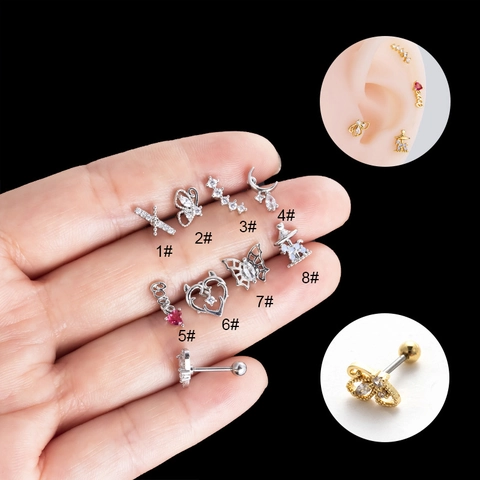 Cartilage Stud Earrings With Stainless Steel Post And Zircon Heart Butterfly Moon For Women Piercing Jewelry