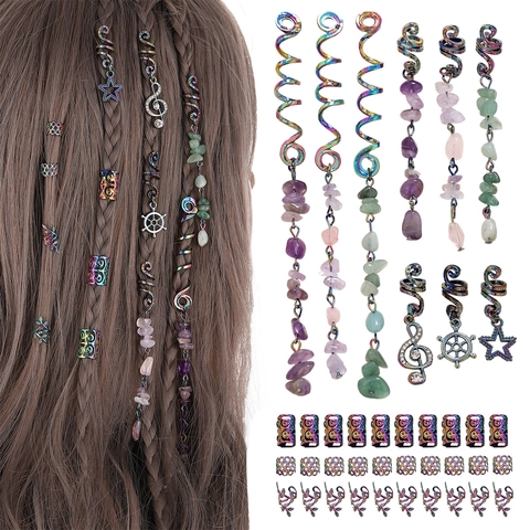 Dreadlock Zubehör Zopf Schmuck Regenbogen Legierung Naturstein Spiralen Manschetten Boho Anhänger Haarklammern Dekor
