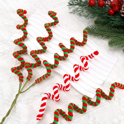 Christmas Decorative Spiral Candy Cane Sticks Fabric Wire Sequin Floral Arrangement Tree Picks Festive Holiday Ornament