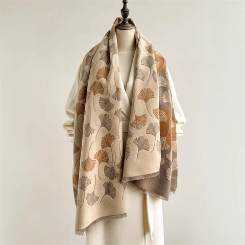 Women Long Imitation Cashmere Scarf Ginkgo Leaf Pattern Jacquard Thick Warm Shawl With Tassels Versatile Autumn Winter Wrap