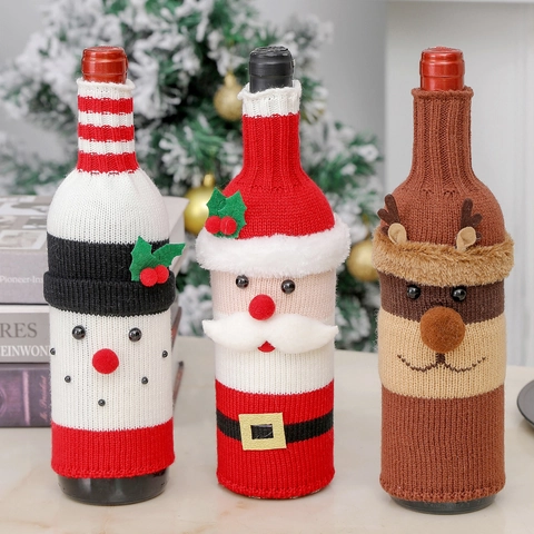 Christmas Wine Bottle Covers Knitted Acrylic Santa Snowman Reindeer Festive Table Decoration Party Decor Gift