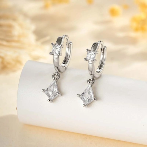Square Zircon Pendant Hoop Earrings Alloy Silver Plated Geometric Minimalist INS Style Unisex Jewelry