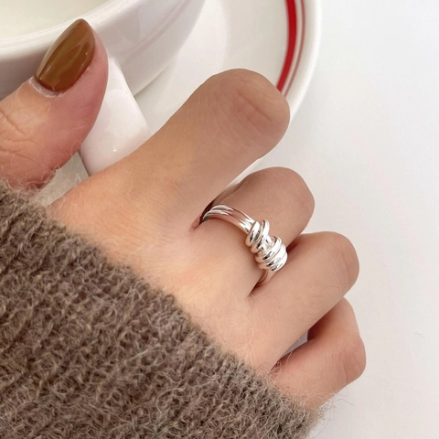Anillo De Nudo Irregular Plata De Ley 925 Minimalista Trenzado Multicapa Anillo De Dedo Abierto Para Mujeres Vintage