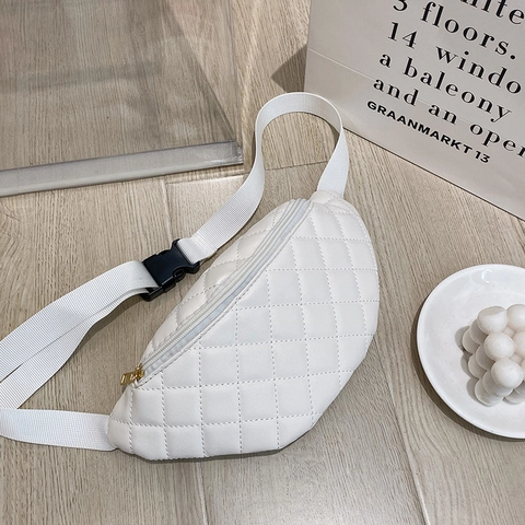 Women Fashion Quilted PU Leather Waist Bag Crossbody Chest Bag Rhombus Chevron Pattern Large Capacity Casual Fanny Pack