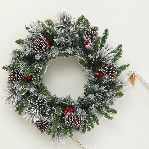 Artificial Christmas Wreath PE PVC Snow Flocked Pine Needles Natural Pine Cones And Red Berries For Door Wall Decor