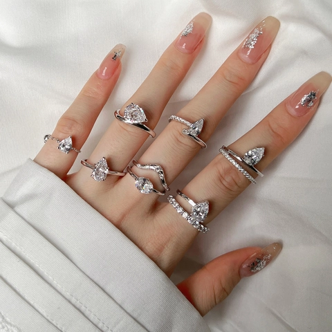 S925 Sterling Zilver Peerslijpsel Zirconia Bruiloft Ring Set Voor Vrouwen Elegante Geometrische Platina Vergulde Sieraden Ring Cadeau