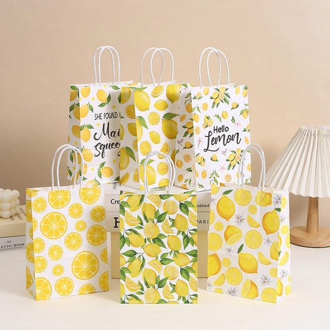 Lemon Print Kraft Paper Gift Bags Fresh Fruit Pattern Handheld Packaging Pouches For Shopping Party Favors Treats