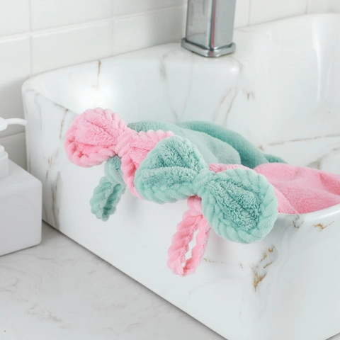 Hanging Hand Towel Coral Fleece Bowknot Absorbent Kitchen Bathroom Quick Dry Soft Cute Decorative