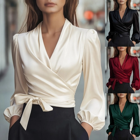 Camicetta a Portafoglio in Raso Elegante da Donna Vintage Francese Scollo a V Manica a Lanterna Camicia con Fiocco in Vita Tinta Unita Top alla Moda