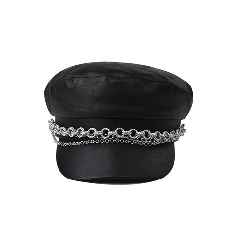 Cappello Newsboy Da Donna In Pelle PU Con Catena Argentata Berretto Militare Ottagonale Stile Punk Retrò
