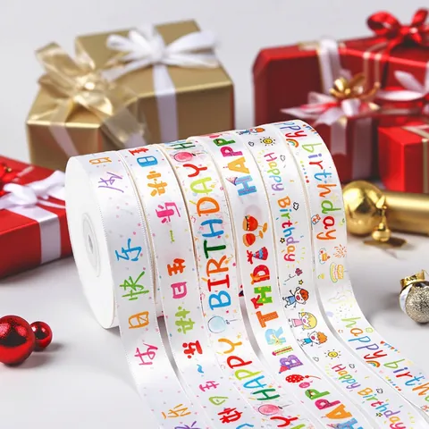 Decorative Printed Ribbon Polyester Satin Happy Birthday Childrens Day Patterns For Gift Wrapping Party Supplies DIY Handcraft