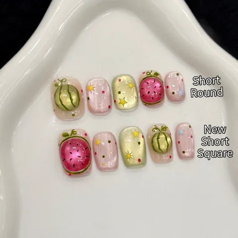 Uñas Postizas De Sandía Para Presionar Pintadas A Mano Verano Ojo De Gato Brillo Lindas Cortas Redondas Cuadradas
