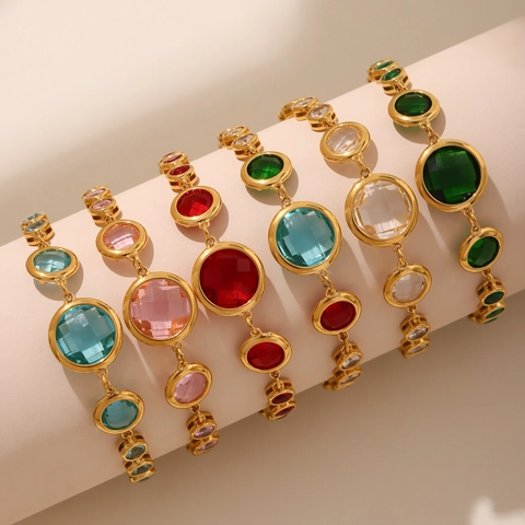Elegant Stainless Steel Bracelet With Round Colorful Czech Glass Gold Plated Luxury Fashion Jewelry For Women