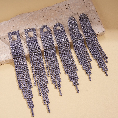 Long Tassel Earrings Geometric Square Hollow Design Purple Rhinestone Copper And Silver Earring Post Fashion For Women