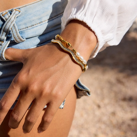 Bracciale E Bangle In Acciaio Inossidabile Placcato Oro Per Donna Zircone Perla Artificial Impermeabile Gioielli Impilabili Ipoallergenici