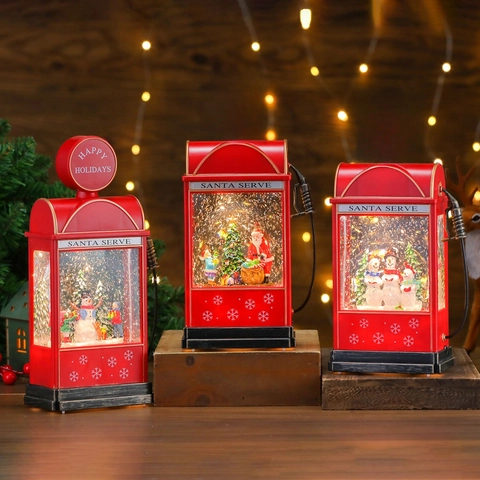 Vintage Gas Pump Christmas Water Lamp Snowing Music Box LED Glowing Holiday Desktop Ornament Plastic Decorative Gift