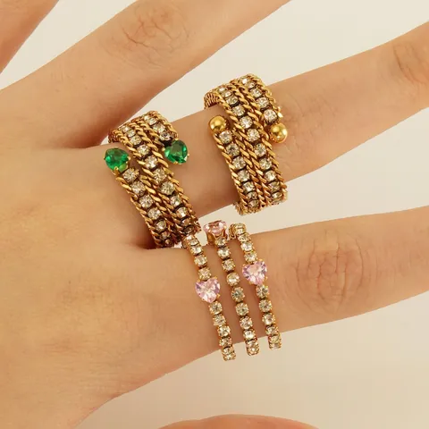 Multilayer Spiral Ring Stainless Steel 18K Gold Plated Zircon Heart Square Open Adjustable Fashion Jewelry Women