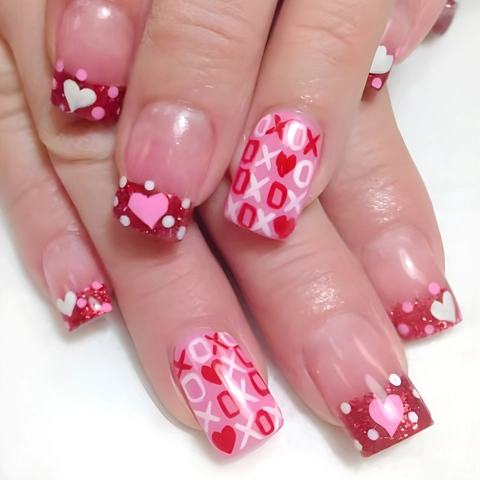 Valentinstag Rot Rosa Herz Künstliche Fingernägel Kurz Quadratisch Glänzend Glitzer Falsche Nägel Mit XOXO Muster Für Damen Maniküre