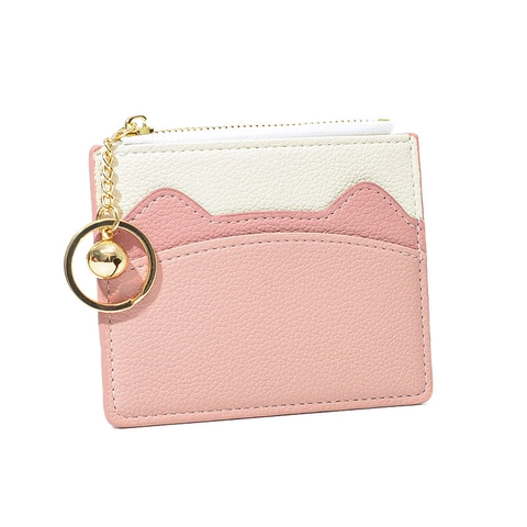 Women Card Holder Wallet PU Leather Litchi Grain Color Block Cat Ear Design Zipper Coin Purse With Keychain Bell For Daily Use
