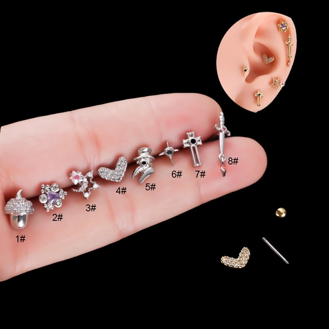 Cartilage Earring Studs Copper Zirconia Stainless Steel Bar Heart Cross Sword Plague Doctor Mask Punk Piercing Jewelry