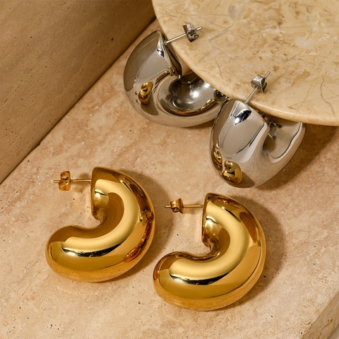 Orecchini A Cerchio Chunky Acciaio Inossidabile Cavi Forma C Minimalista Goccia D'acqua Geometrici Lucidati Per Donna