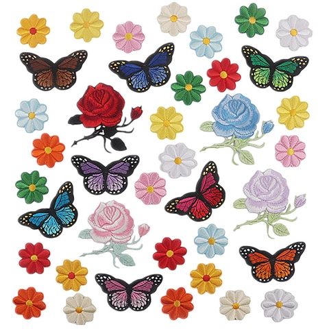 Butterfly Floral Embroidered Patches Iron On Appliques Rose Daisy Polyester Decorative DIY Accessories For Clothes Bag