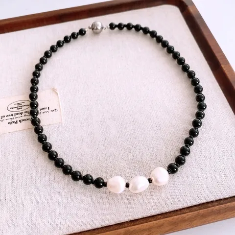 Collana Di Perline Con Künstliche Perle Di Vetro Nere E Künstliche Perle Barocche D Acqua Dolce Chiusura Magnetica Stile Vintage Per Donna