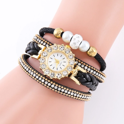 Montre Bracelet Enroulée pour Femme Mode Bracelet en Similicuir Multi-couches avec Strass et Perles Artificielles Montre à Quartz