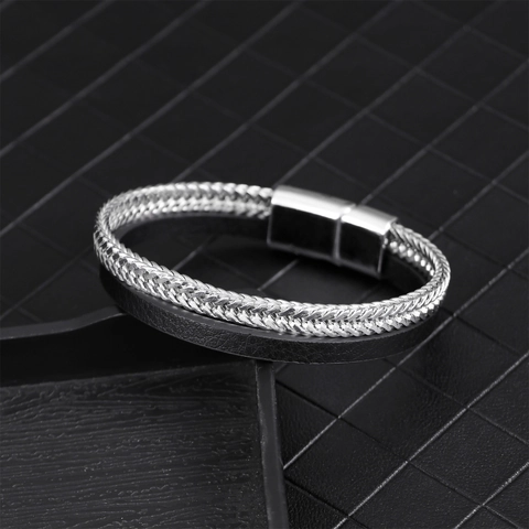 Double Layer Men Bracelet Stainless Steel Braided Metal And PU Leather Magnetic Clasp Fashion Punk Jewelry